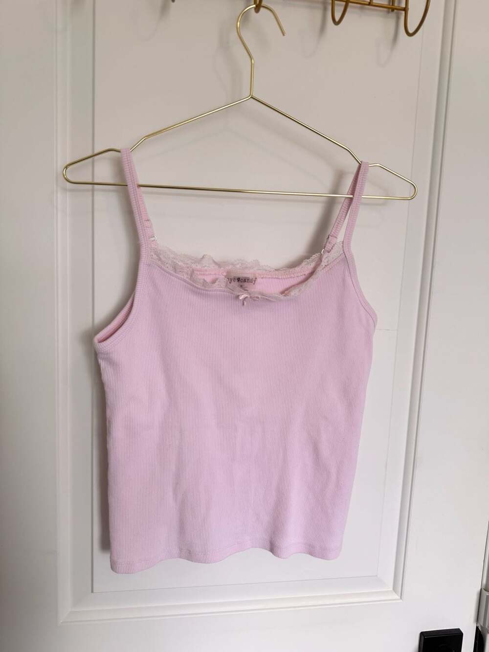 Eye Candy Ribbed Baby Pink Cami Tank Top with Lace Trim and Bow